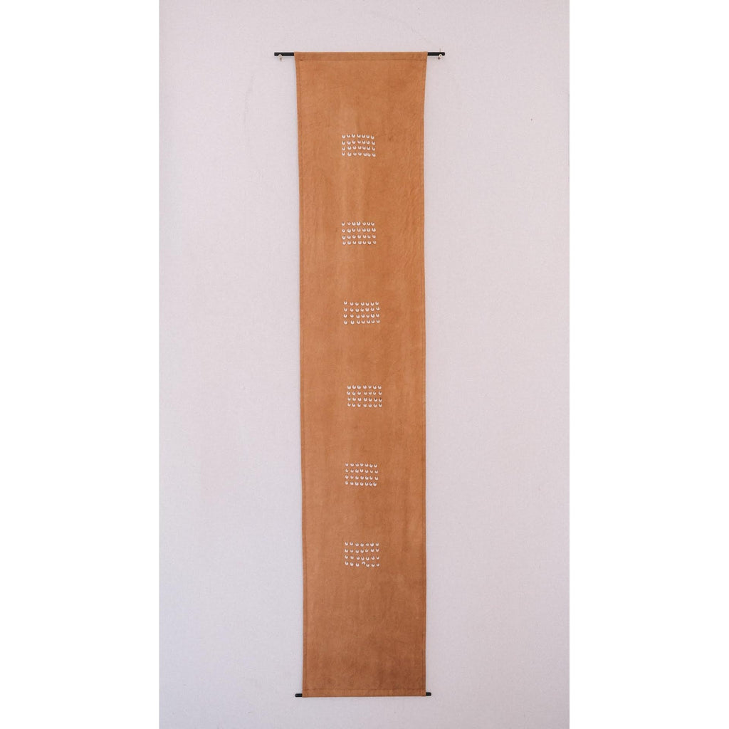 Naturally dyed cotton wall tapestry with hand embroidered shells 
